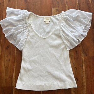 Maeve Anthropologie Flutter-Sleeved Ribbed Top - White - Size Small